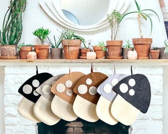 Handmade Felt Mushroom Christmas Stocking, Neutral Cottagecore Holiday