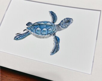 Baby Sea Turtle Original Watercolor Art Print: Matted Nautical Wall Decor
