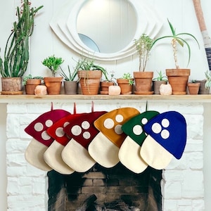Mushroom Christmas Stocking | Eclectic Christmas | Maximalist | Cottagecore | Boho Christmas | Felt Mushroom | Handmade Kitschy Stocking
