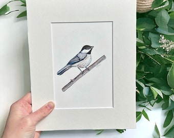 Watercolor Chickadee Original Art Print: Matted Bird Wall Art