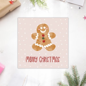 PRINTABLE Christmas card with a handdrawn watercolor gingerbread cookie illustration - digital Christmas card, 5x5 inch foldable card