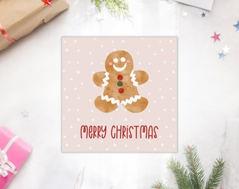 PRINTABLE Christmas card with a handdrawn watercolor gingerbread cookie illustration - digital Christmas card, 5x5 inch foldable card