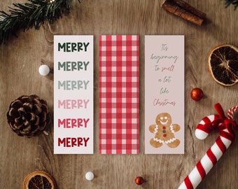 Set of 3 printable Christmas bookmarks - 2x6 inch bookmarks, book lovers gift, merry bookmark, Christmas cookie bookmark, gingham bookmark