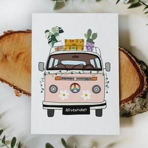 AFDRUKBARE wenskaart met volkswagen busje - Volkswagen busje kaart, digitale download, roadtrip kaart, avonturenkaart
