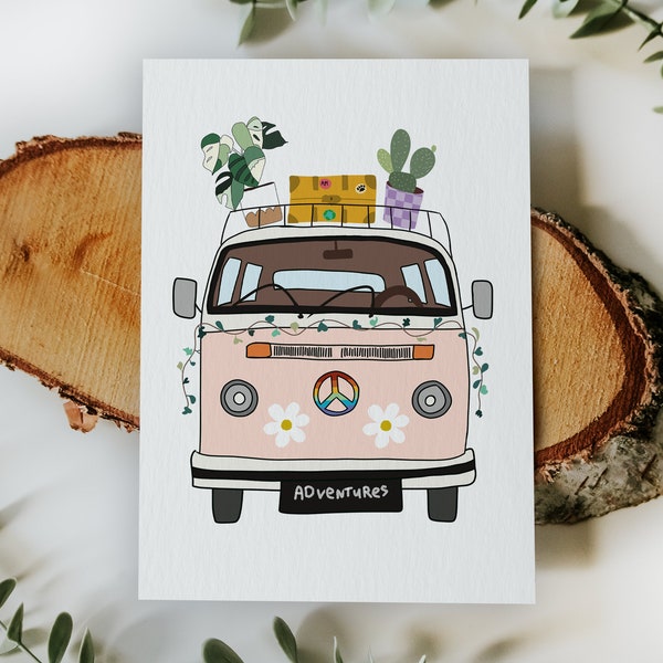 PRINTABLE greeting card with volkswagen van - Volkswagen van card, digital download, roadtrip card, adventures card