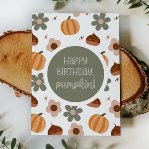 PRINTABLE birthday card with a cozy fall pattern - Happy birthday, Pumpkin! , digital download, 5 x 7 inches, fall birthday card