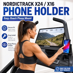 Op de afbeelding: Een zwarte kunststof telefoonhouder ontworpen voor NordicTrack X24 en X16 loopbanden. De houder wordt aan de console bevestigd en biedt een veilige grip voor een smartphone. Tekst op de afbeelding bevat NordicTrack X24 / X16 Phone Holder en Easy-Reach.