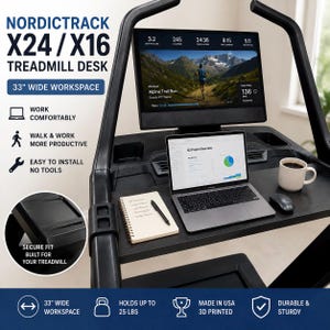 May include: A black NordicTrack X24/X16 treadmill desk featuring a 33-inch wide workspace, a laptop, a notebook with a pen, a computer mouse, and a coffee mug. The setup includes a large screen displaying an alpine trail run workout interface.