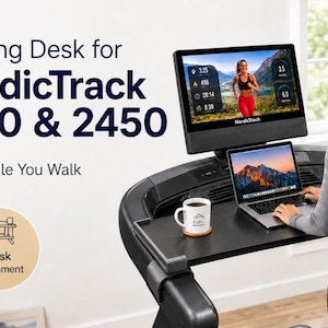 May include: A black treadmill desk attachment mounted on a NordicTrack 1750 and 2450 treadmill. The desk holds a silver laptop and a white mug. Text on the image reads: Walking Desk for NordicTrack 1750 & 2450, Work While You Walk, Desk attachment.