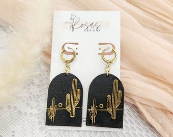 Everyday Earrings: Engraved Cactus Arch with Hypoallergenic Gold Leverback Wood Dangles