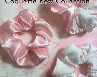 Conjunto de coleteros para madre e hija / Satén rosa, canalé blanco, lazos coquetos