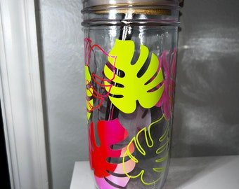 Color changing glass mason jar monstera themed cup