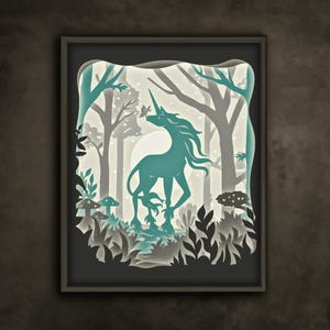 May include: A teal blue unicorn stands in a forest scene with white trees and mushrooms. The scene is cut out of paper and illuminated from behind, creating a shadow effect.