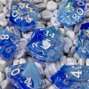 Ice Dragon&#39;s Breath 7-piece Handmade Sharp Edge Polyhedral Resin Dice Set, Dungeons and Dragons, TTRPG Dice, D&D d20, blue sparkle dice