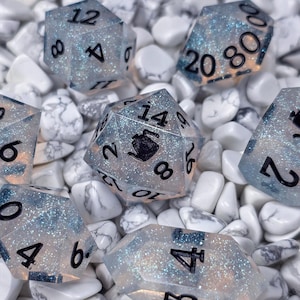 Warm Harbor 7-piece Handmade Sharp Edge Polyhedral Resin Dice Set, Dungeons and Dragons, TTRPG Dice, D&D d20, blue sparkle dice