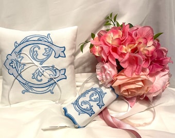 Ring bearer pillow and Bridal bouquet wrap combo custom embroidered monogram wedding gift for bride gift for wedding bridal shower gift