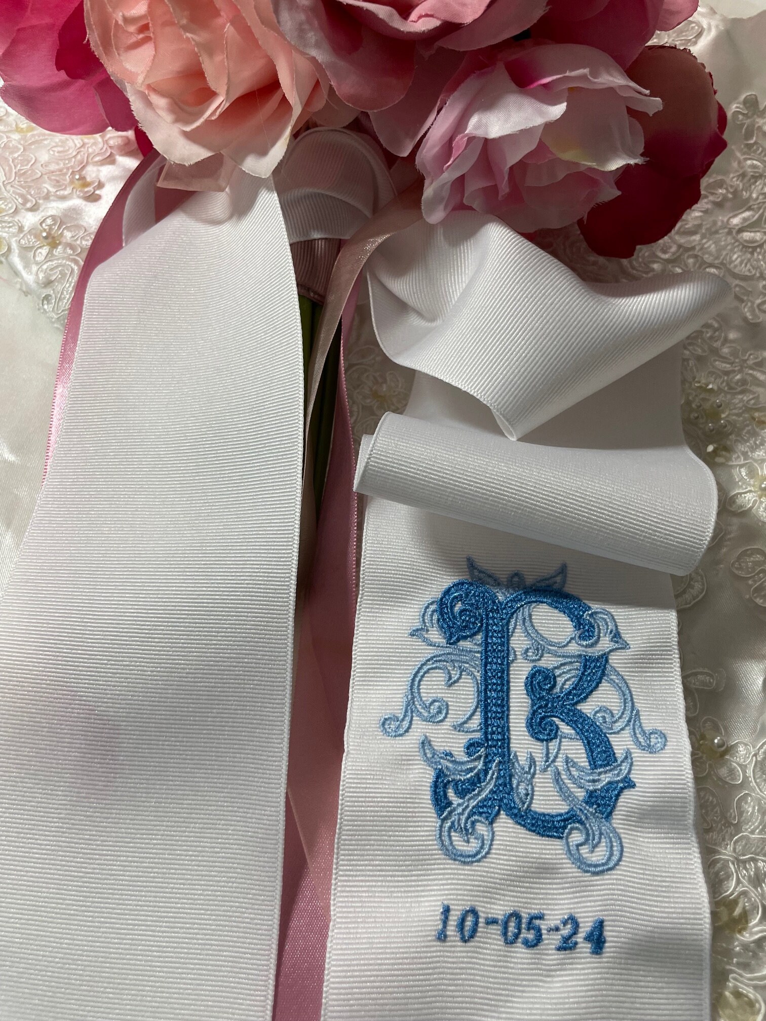 Monogrammed Wedding Bouquet Ribbon, Embroidered Initial, Keepsake ...