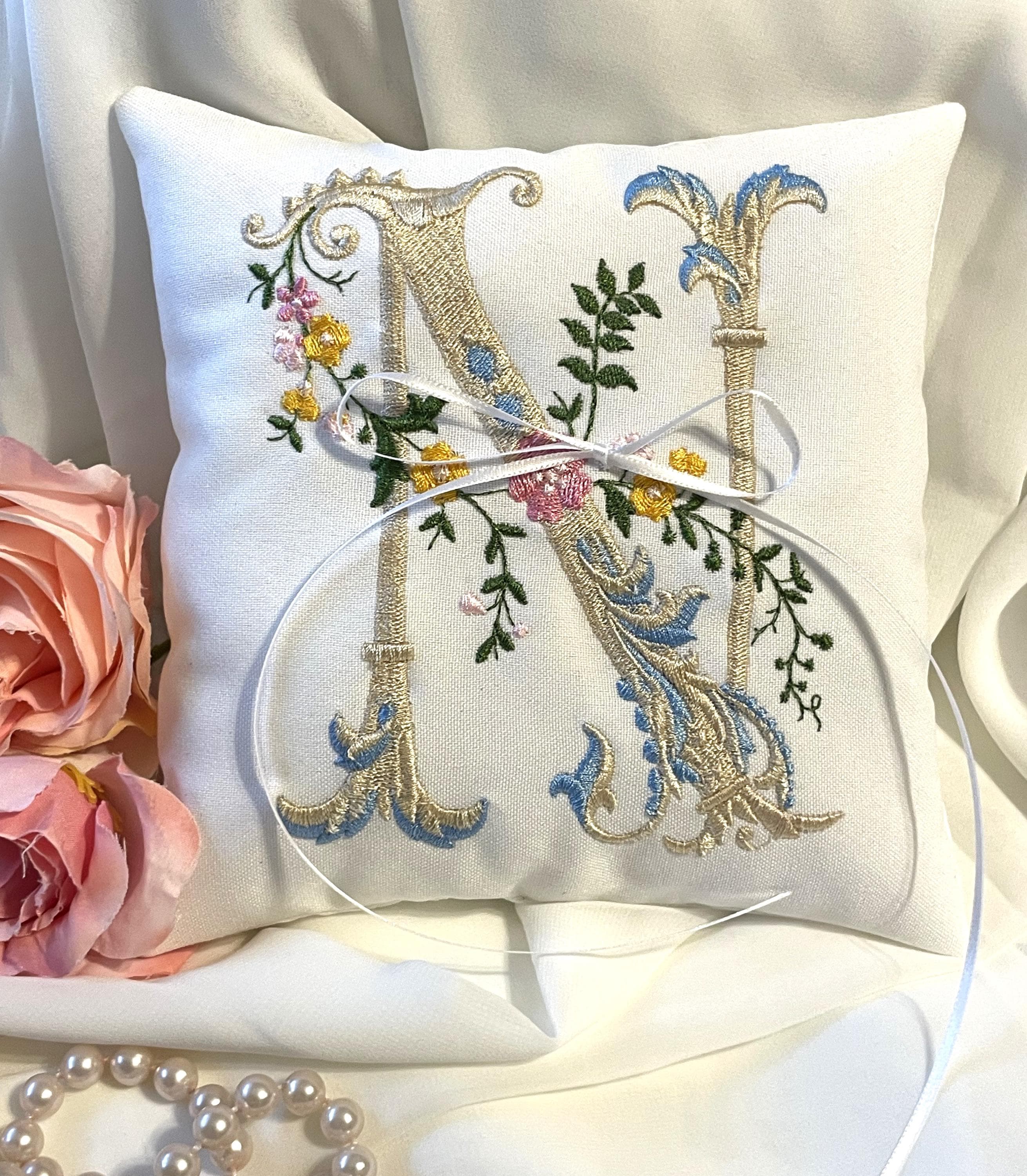 Ring bearer pillow custom embroidered monogram with your Wedding colors hand made gift for bridal shower wedding ceremony ring pillow