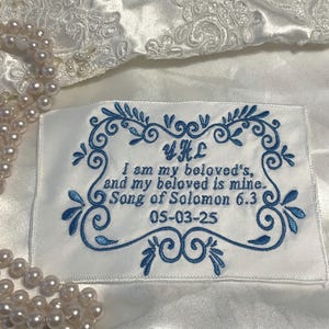 Custom Embroidered Wedding Dress Label: Something Blue, Bible Verse