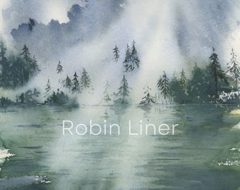 Watercolor Landscape Painting Archival Print, Foggy Misty Mountains, Watercolor Lake, Watercolor Print, Gift, Wall Art, Painting