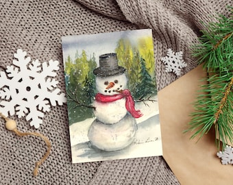 SNOWMAN Christmas  Card | Hand Painted Watercolor Christmas Snowman | Greeting Card | Gift