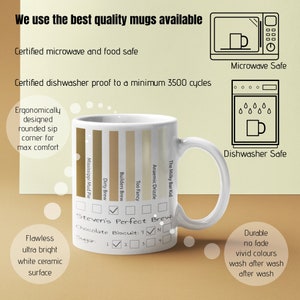 May include: White ceramic mug with a brown colour gradient design. The mug has a rounded handle and features the text "Steven's Perfect Brew" with a checklist for chocolate, biscuit, and sugar. The mug is microwave and dishwasher safe.