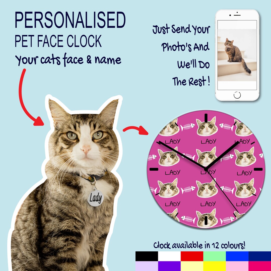 Personalised Clock, Cat Face Clock, Pet Face Clock, Custom Clock, Clock
