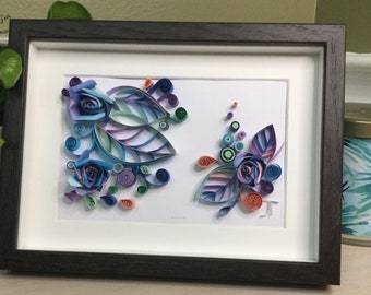 Origami Roses & Paper Quilling art in 6x8” shadow box frame