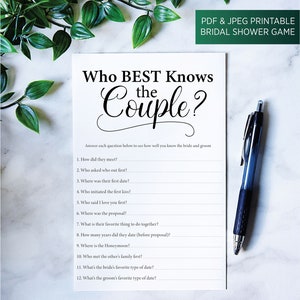 Bridal Shower Games, Who Knows the Couple Best, Wedding Shower Games, Who Best Knows the Couple, Elegant Bride Design