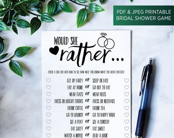 Bridal Shower Games, Would She Rather, Wedding Shower Games, Who Knows the Bride, Would the Bride Rather, Fun Bride Design