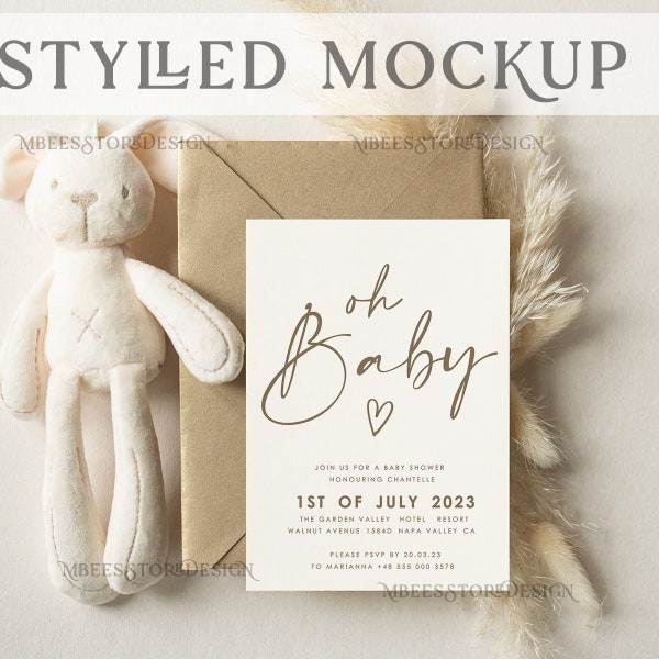 Mockup Teddy Bear Baby Shower Invitaciones, MockUp Boho Baby Invita, oh Baby Invitation Mock Up, Modern Blank Baby Cards MockUp, Boho Cards