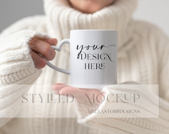 Woman Holding Heart Shaped Handle mug mockup, Blank  Heart Shaped Mug mockup model, Cozy White Coffee Mug Mockup, Blank Enamel Mug Mockups