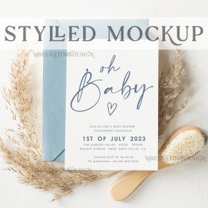 Mockup Dusty Blue Baby Shower Invitations, Oh Baby Invitation Mock Baby Boy Cards MockUp, Christening Invitation Boy, Baptism Invites Mockup