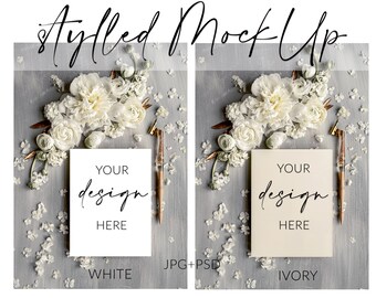 Spring 2 color MockUp Boho Wedding Crads, white Wedding Card MockUp Crads, Flower stylled Cards MockUps, Styled Stock Mockup Cards Ivory