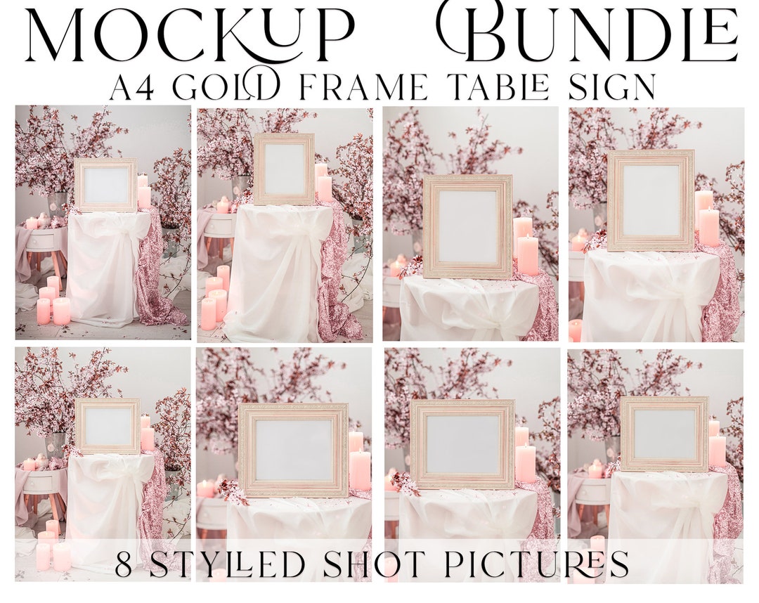 Bundle Wedding Sign Beige Frame Mockup, Elegant Frame Table Sign Mockup