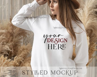 Front 18000 Gildan White Heavy Blend Sweatshirt Mockup Model, Boho Gildan 18000 Mockup, white Gildan 18000 Crewneck Mockup, G180 Unisex