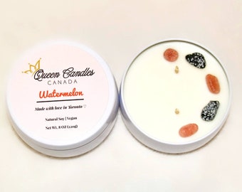 Watermelon Soy Vegan Candle with Snowflake Obsidian & Strawberry Quartz Crystals (8 oz) / All Natural / Eco-Friendly / Home Decor / Gifts