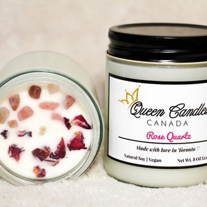 Rose Quartz Soy Vegan Candle with Rose Quartz Crystals (8 oz) / All Natural / Eco-Friendly / Handmade Scented Candle / Home Decor
