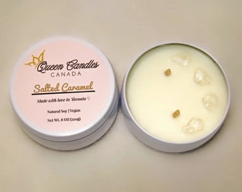 Salted Caramel Soy Vegan Candle with Clear Quartz Crystals (8 oz) / All Natural / Eco-Friendly / Handmade Scented Candle / Home Decor