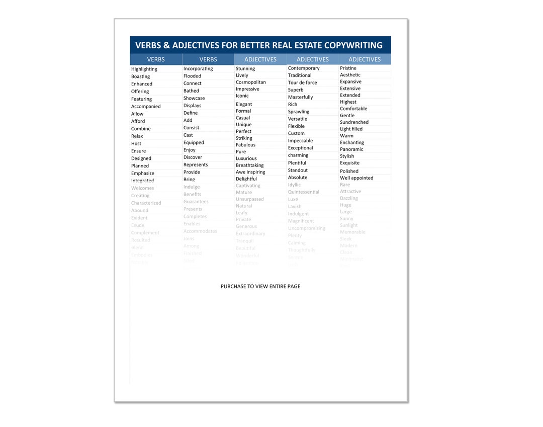 Verbs and Adjectives for Better Real Estate Copy Writing Etsy