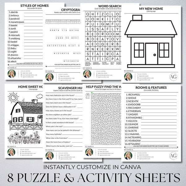 8 Activities & Puzzles | Real Estate | Realtor | Keep Kids Busy | Printable Sheets | Download | Canva | Edit | Fun