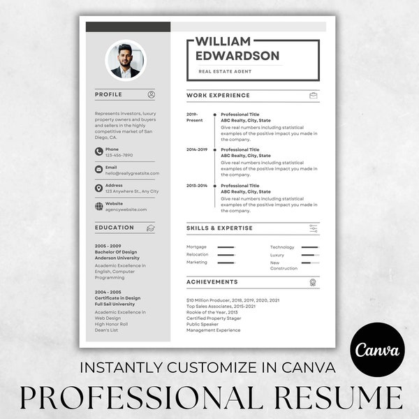 Real Estate Agent Resume | Professional Minimal Resume | Editable | Canva | Real Estate Marketing | Realtor | Printable Sheet | Download