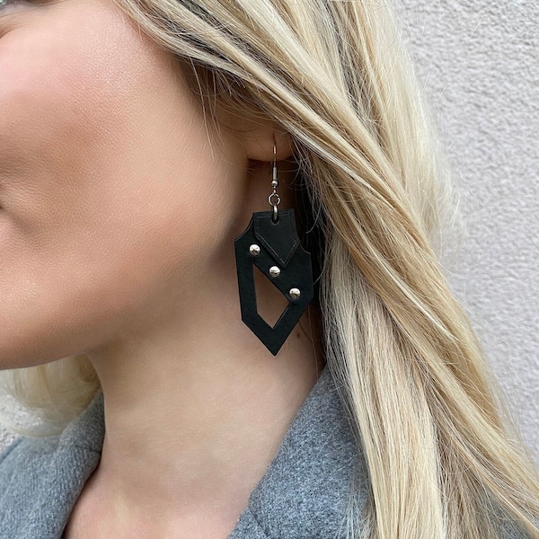 Black Leather Earrings, Handmade Extravagant Earrings, Lightweight, Drop Geometric Bold Earrings, Leather Jewelry for Women, Gift for Her