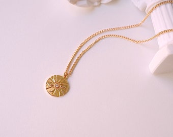 Gold coin necklace, Sun coin crystal in middle, simple coin necklace, 10mm layering coin necklace, gift for her
