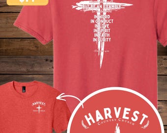 Harvest Youth Church Camp Shirt | 1 Timothy 4:12 Christian T-Shirt | Youth Group Camp Tee | Faith-Based Christian Apparel | Verdi Texas