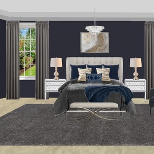 Op de afbeelding: Een slaapkamer met een donkerblauwe muur, een groot bed met een wit hoofdeinde en een donkerblauwe deken, twee nachtkastjes met lampen, een grijs tapijt, een zwarte bank met kussens en een zwarte fauteuil met een kussen.