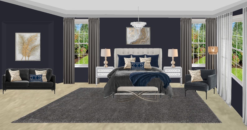 Op de afbeelding: Een slaapkamer met een donkerblauwe muur, een groot bed met een wit hoofdeinde en een donkerblauwe deken, twee nachtkastjes met lampen, een grijs tapijt, een zwarte bank met kussens en een zwarte fauteuil met een kussen.