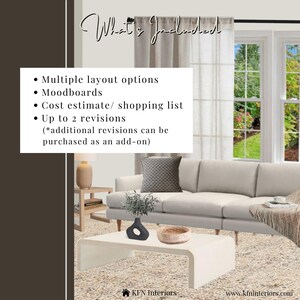 Op de afbeelding: Een woonkamer interieurontwerp mockup met een witte bank, een witte salontafel, een plant in een pot en een lamp. De tekst "What's Included" staat bovenaan de afbeelding, gevolgd door een lijst met diensten: Meerdere lay-outopties, Moodboards, Kostenraming/winkellijst, Tot 2 revisies (*extra revisies kunnen als add-on worden gekocht). De tekst "KFN Interiors" en "www.kfninteriors.com" staat onderaan de afbeelding.