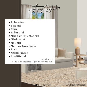 Op de afbeelding: Een woonkamer interieurontwerp mockup met een lichtgrijze bank, een beige kussen, een bruine bijzettafel met een lamp en een beige tapijt. De tekst "Any Style!" is in zwarte cursieve letters bovenaan de afbeelding geschreven. De tekst "...and more! Send me a message if you have questions!" is in zwart onderaan de afbeelding geschreven. De tekst "KFN Interiors" is in zwart onderaan de afbeelding geschreven. De tekst "www.kfninteriors.com" is in zwart onderaan de afbeelding geschreven.