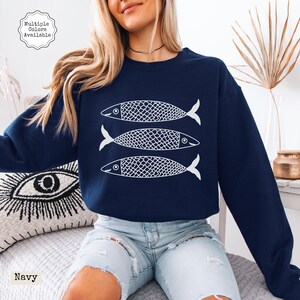 Minimalist Coastal Sardine sweatshirt, fisherman aesthetic cozy pullover, cute fish nautical crewneck, Salty ocean life apparel, Oversized